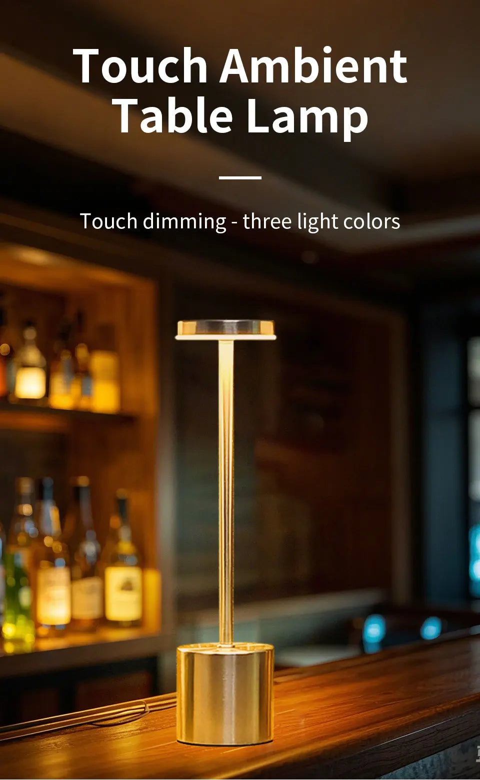Gold classic stepless dimming table lamp on tabletop, tall slim stand and lit top