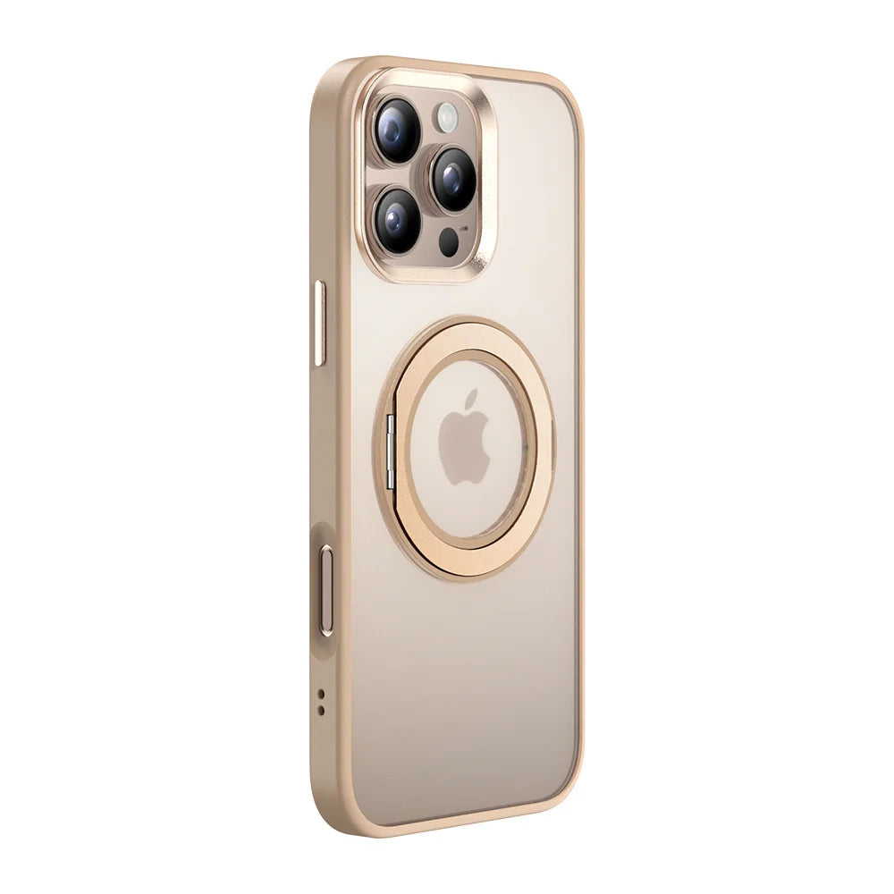 Champagne gold phone case with rotating MagSafe ring and camera cutouts