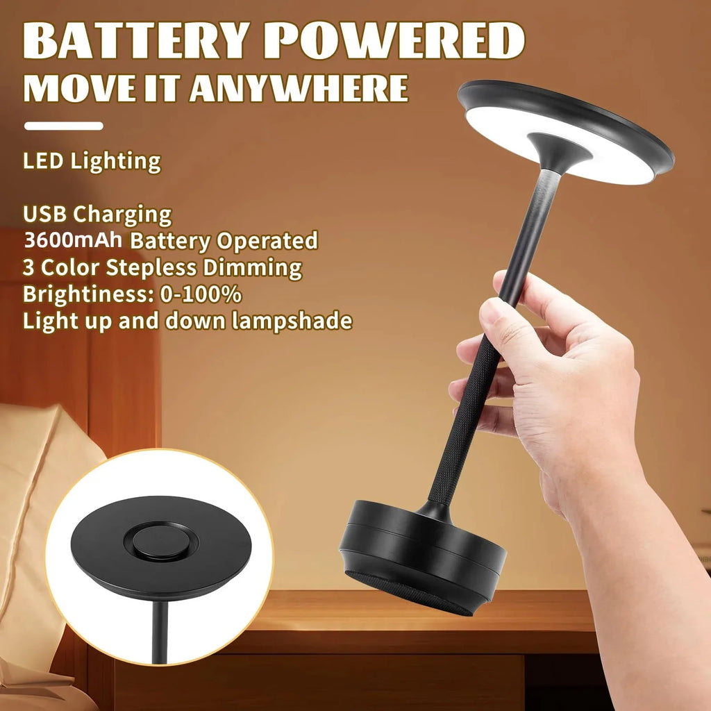 Obsidian black cordless wireless touch lamp with circular touch switch on top