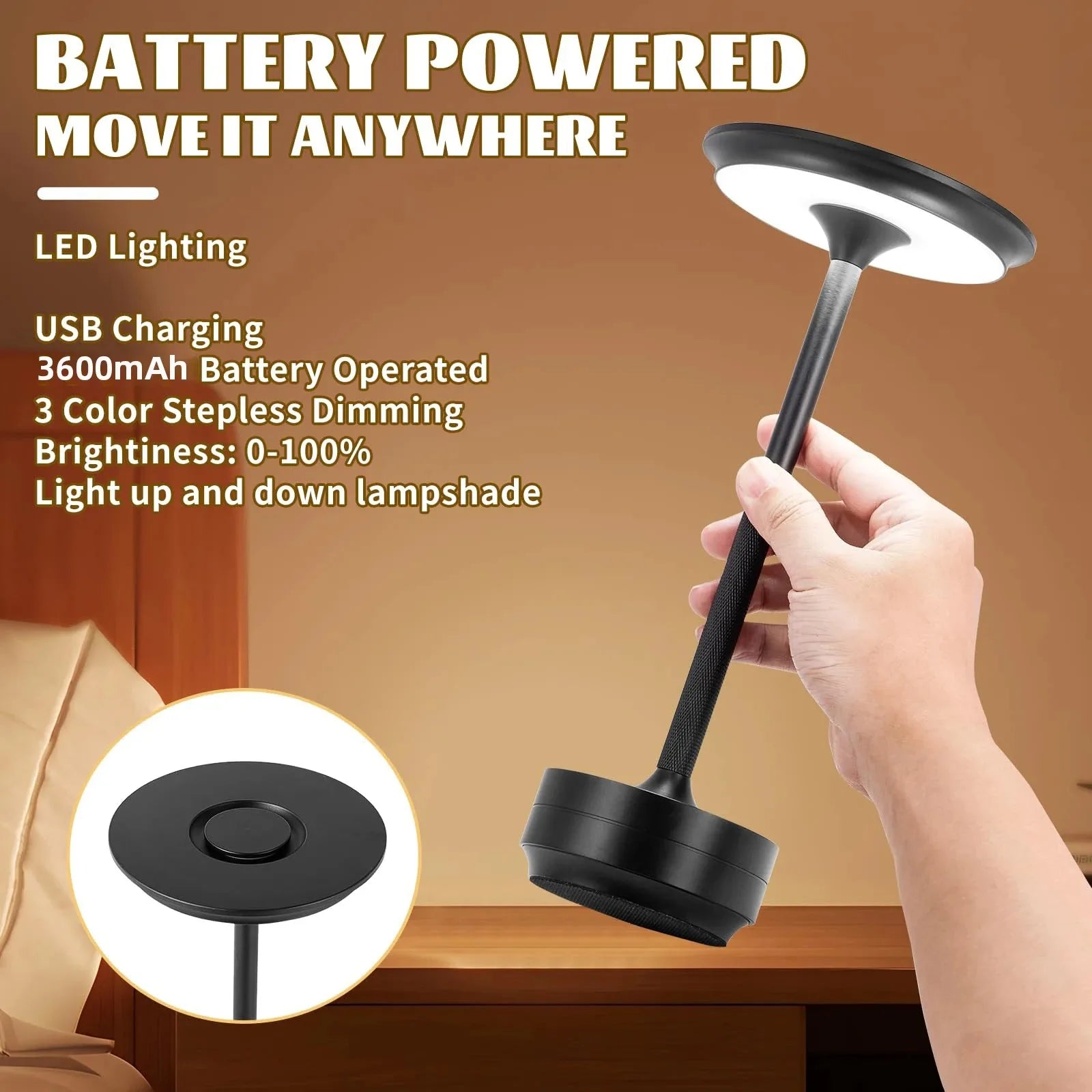 Obsidian black cordless wireless touch lamp with circular touch switch on top