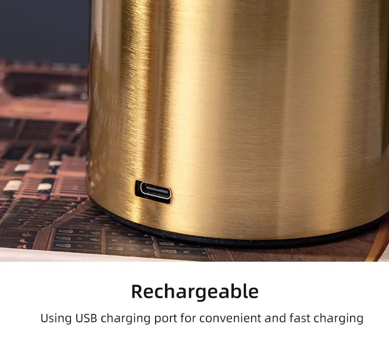 Portable LED touch lamp, champagne gold base with USB charging port detail