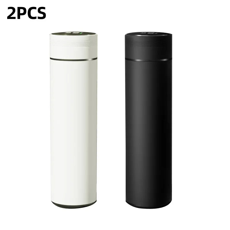 Set of 2 smart thermos flasks in white and black, with lids and cups