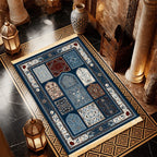 Blue geometric prayer mat with border and light fringed edge, patterned blocks