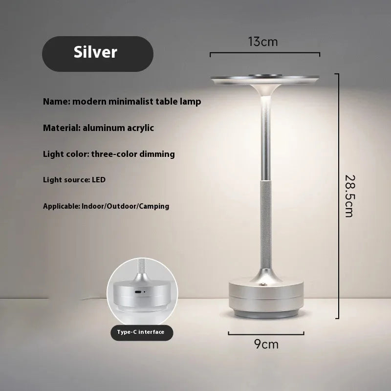 Silver cordless reading lamp, lantern glass, Type‑C base, three-color dimming