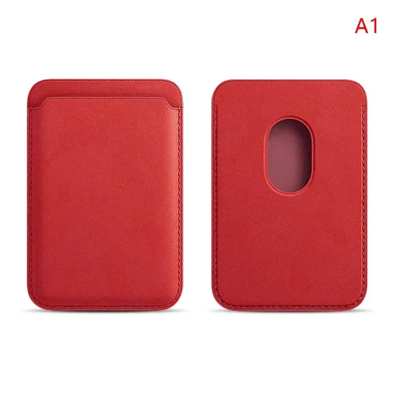 Magnetic wallet in red leather, front and back with oval card window