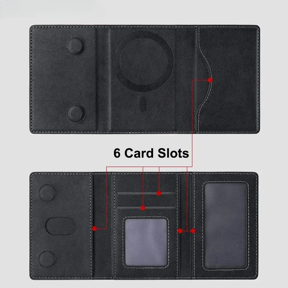 Black PU leather card holder open layout with 6 card slots