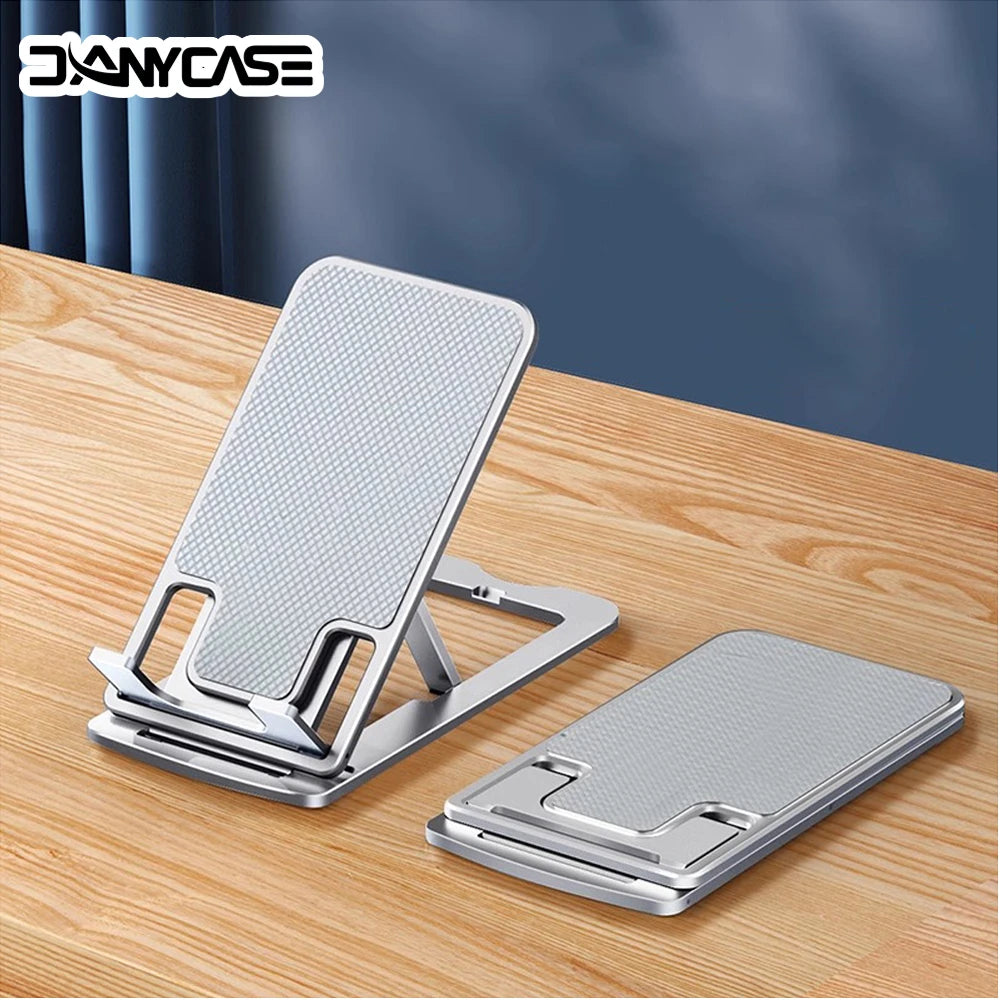 Metal foldable phone stand with adjustable angle, silver frame and wide support base