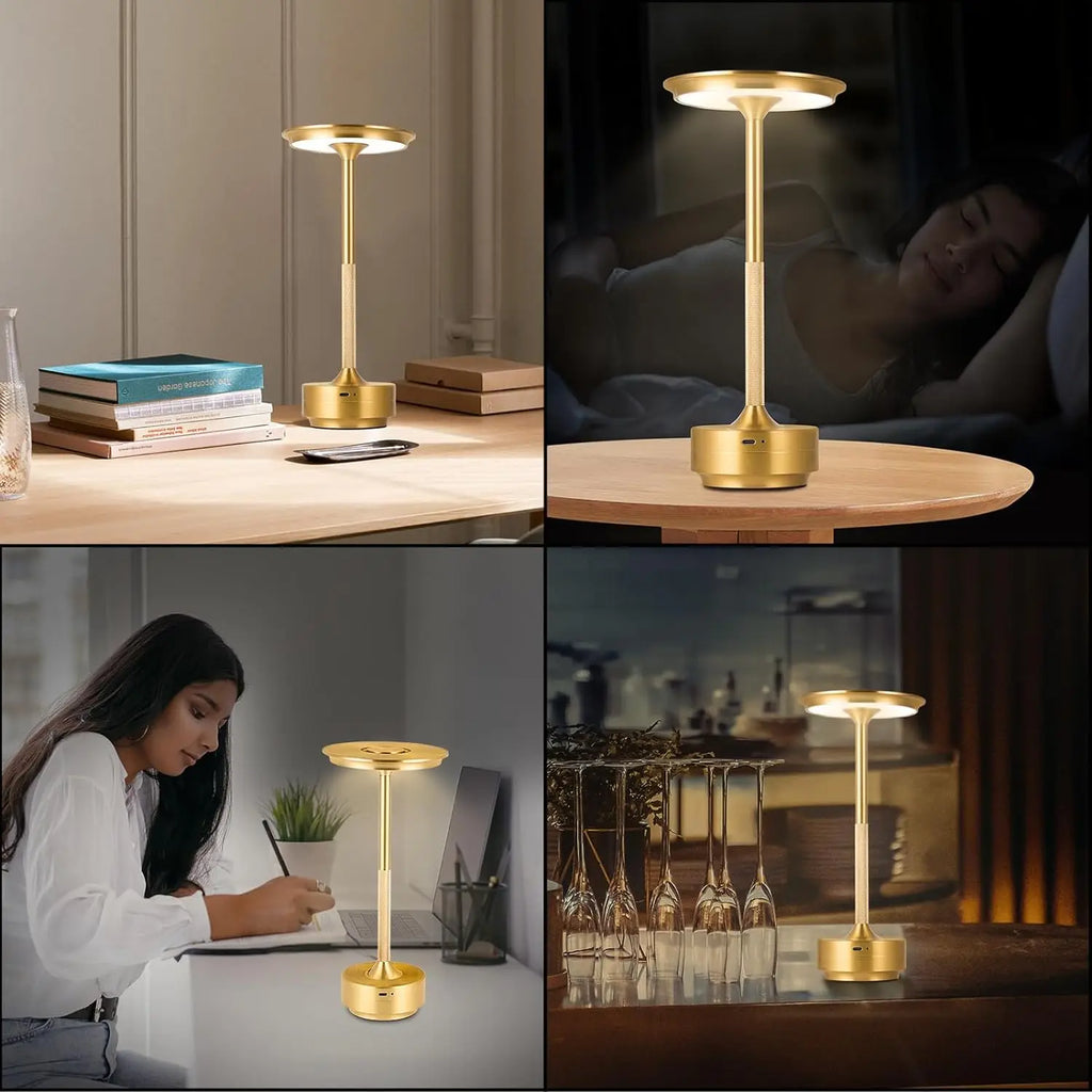 Cordless touch sensor reading lamp with gold base and circular top shade