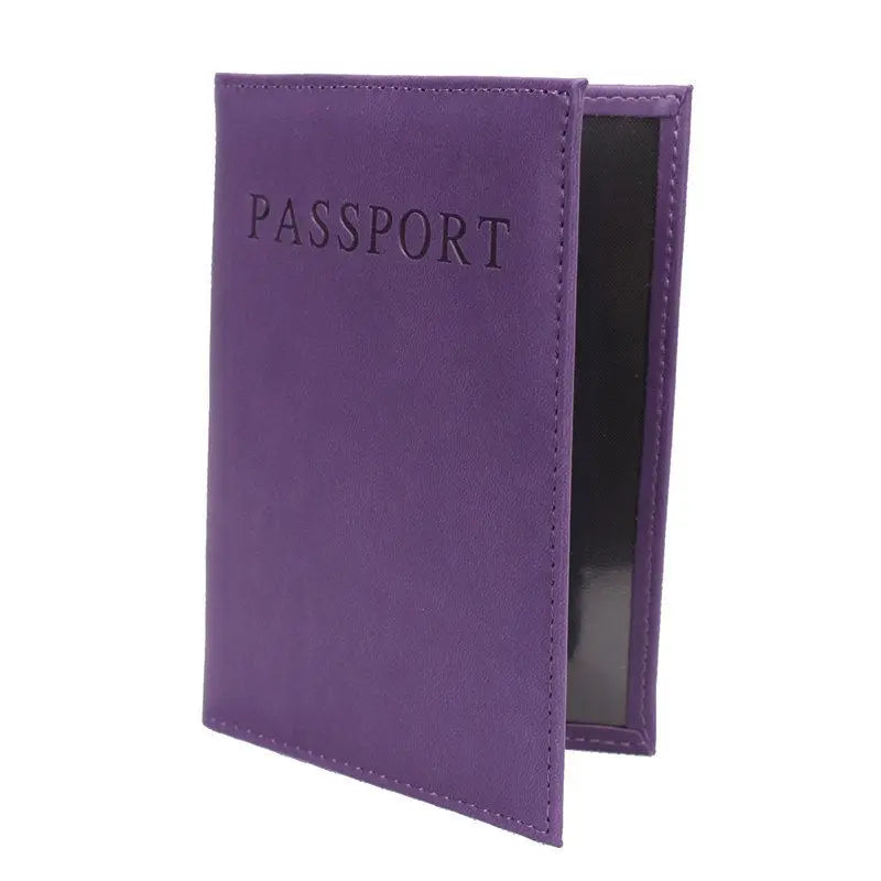 Purple passport sleeve with embossed “PASSPORT” text and stitched edge opening
