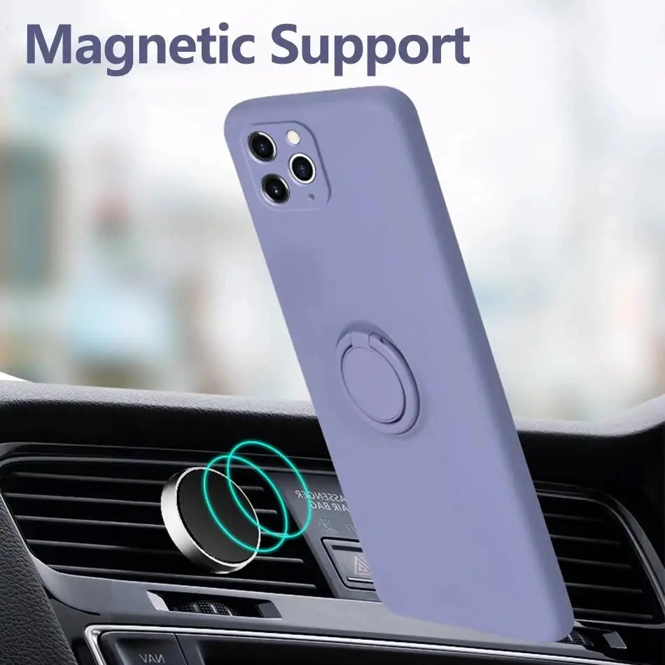 Lavender silicone MagSafe phone case with circular ring stand on back
