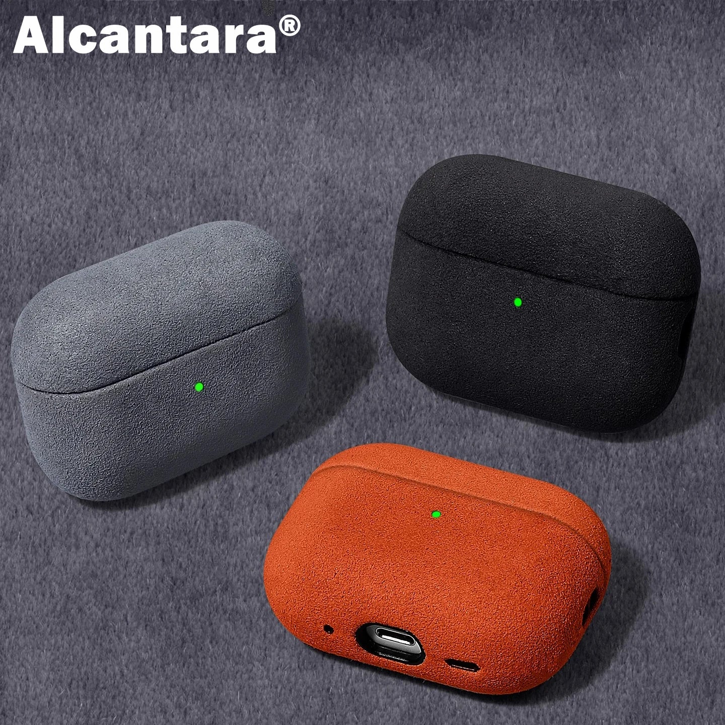 Black, gray, and amber orange Alcantara AirPods cases shown closed with rounded tops