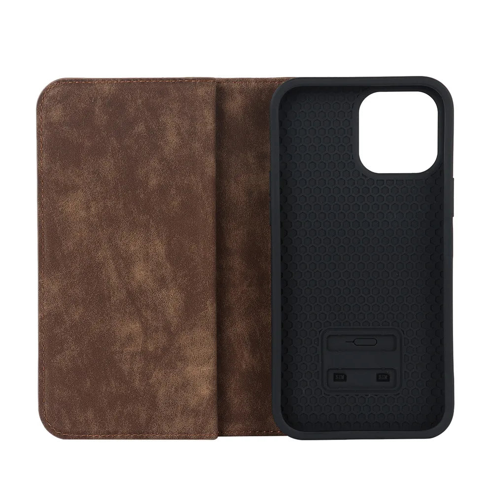 Cognac brown MagSafe wallet folio with front cover and textured phone back case