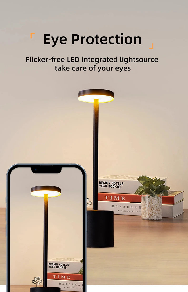 Portable LED touch lamp with dark (obsidian) finish, warm LED glow, eye-protection