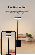 Portable LED touch lamp with dark (obsidian) finish, warm LED glow, eye-protection
