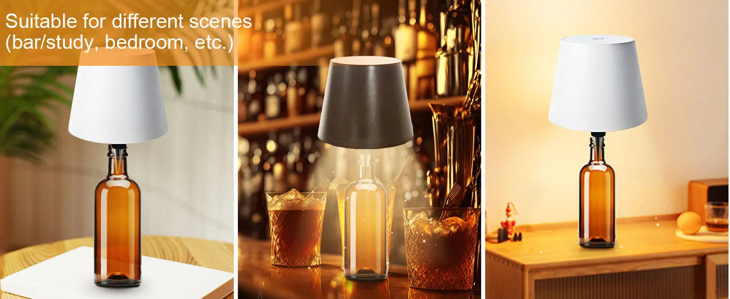 Wine bottle wireless LED lamp with white fabric shade on tabletop, amber bottle base