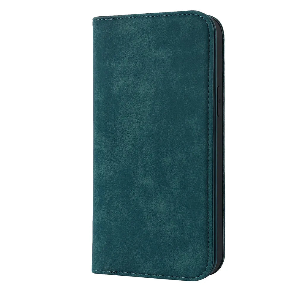 Green MagSafe flip wallet case with textured finish, closed