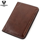 Slim leather passport wallet, warm espresso brown, rounded corners, contrast-stitched edges
