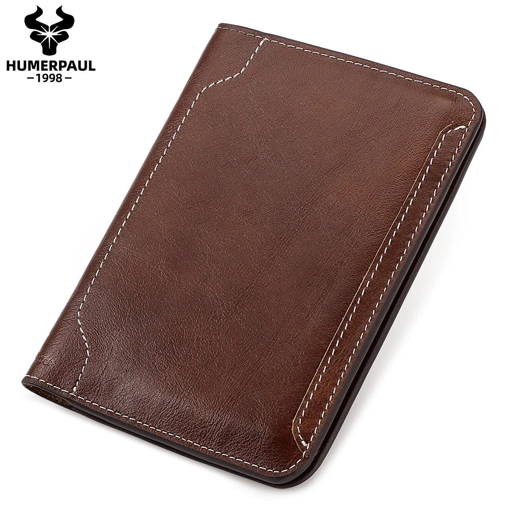 Slim leather passport wallet, warm espresso brown, rounded corners, contrast-stitched edges