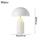White mushroom LED table lamp with dome shade and white body, H50cm