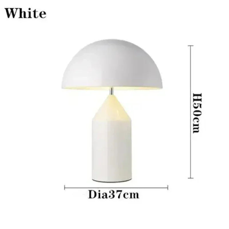 White mushroom LED table lamp with dome shade and white body, H50cm