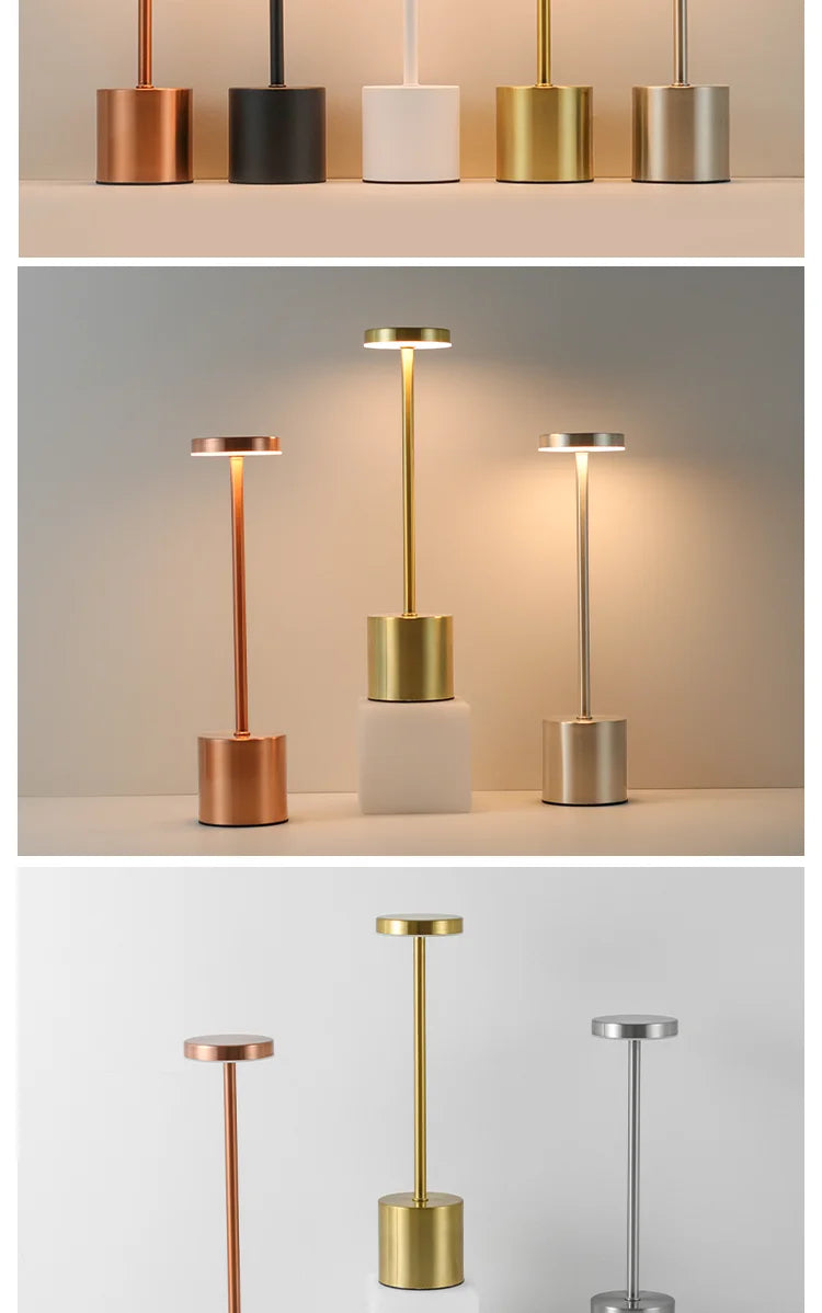Cordless touch lamps shown in copper, black, gold and silver with lit shades