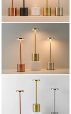 Cordless touch lamps shown in copper, black, gold and silver with lit shades