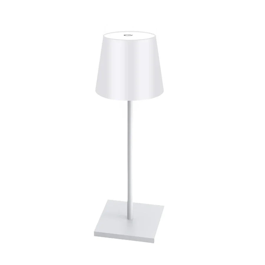 Pearl white rechargeable desk lamp with fabric shade and square base