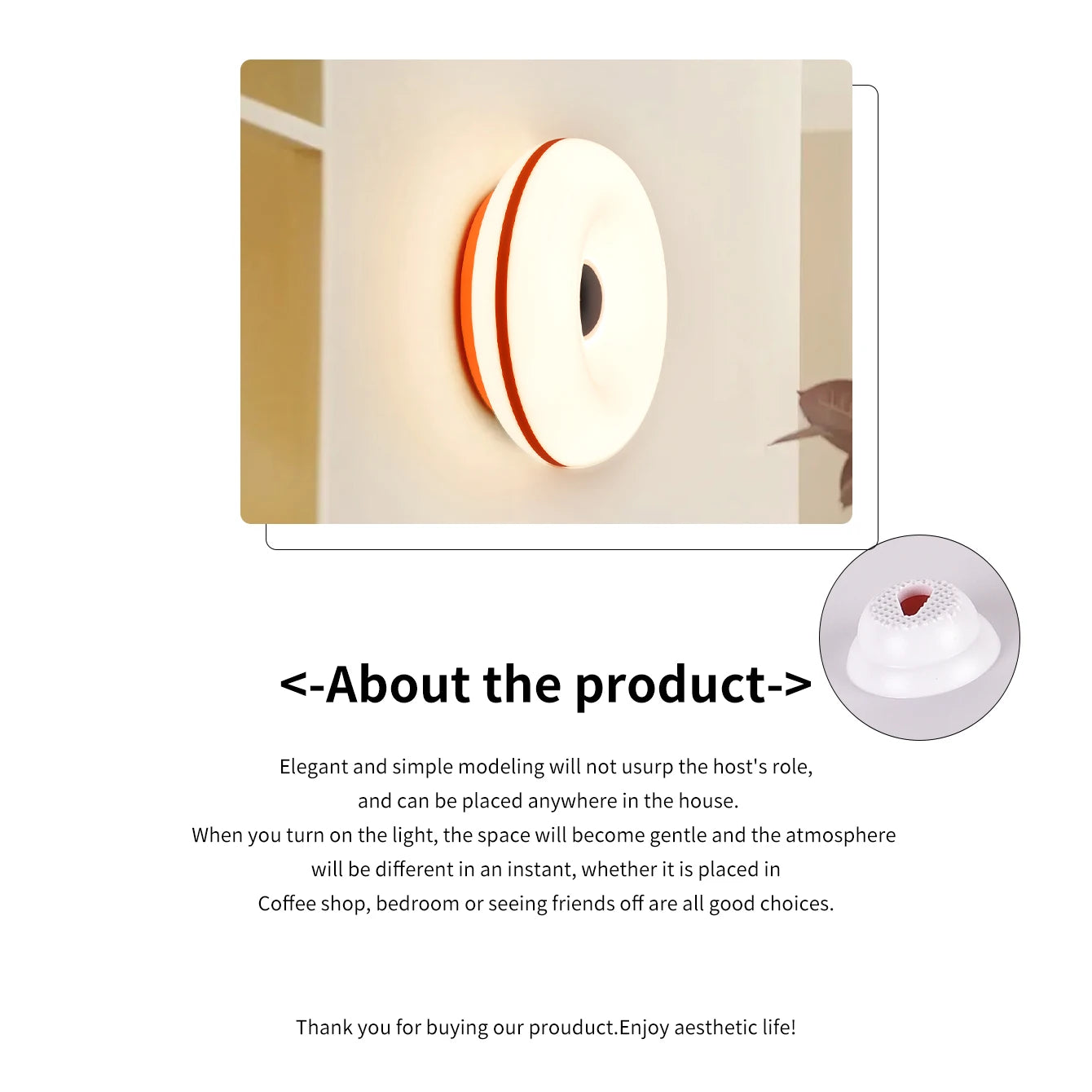 Wall-style view of donut LED lamp with white outer ring and red inner edge