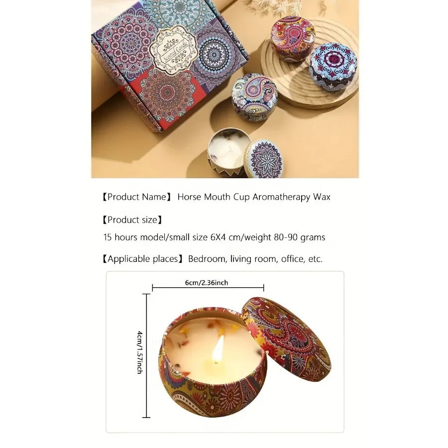 Scented candle set in decorative tins; one tin shows a lit candle