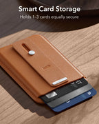 Brown card storage wallet case with magnetic card flap and three card slots