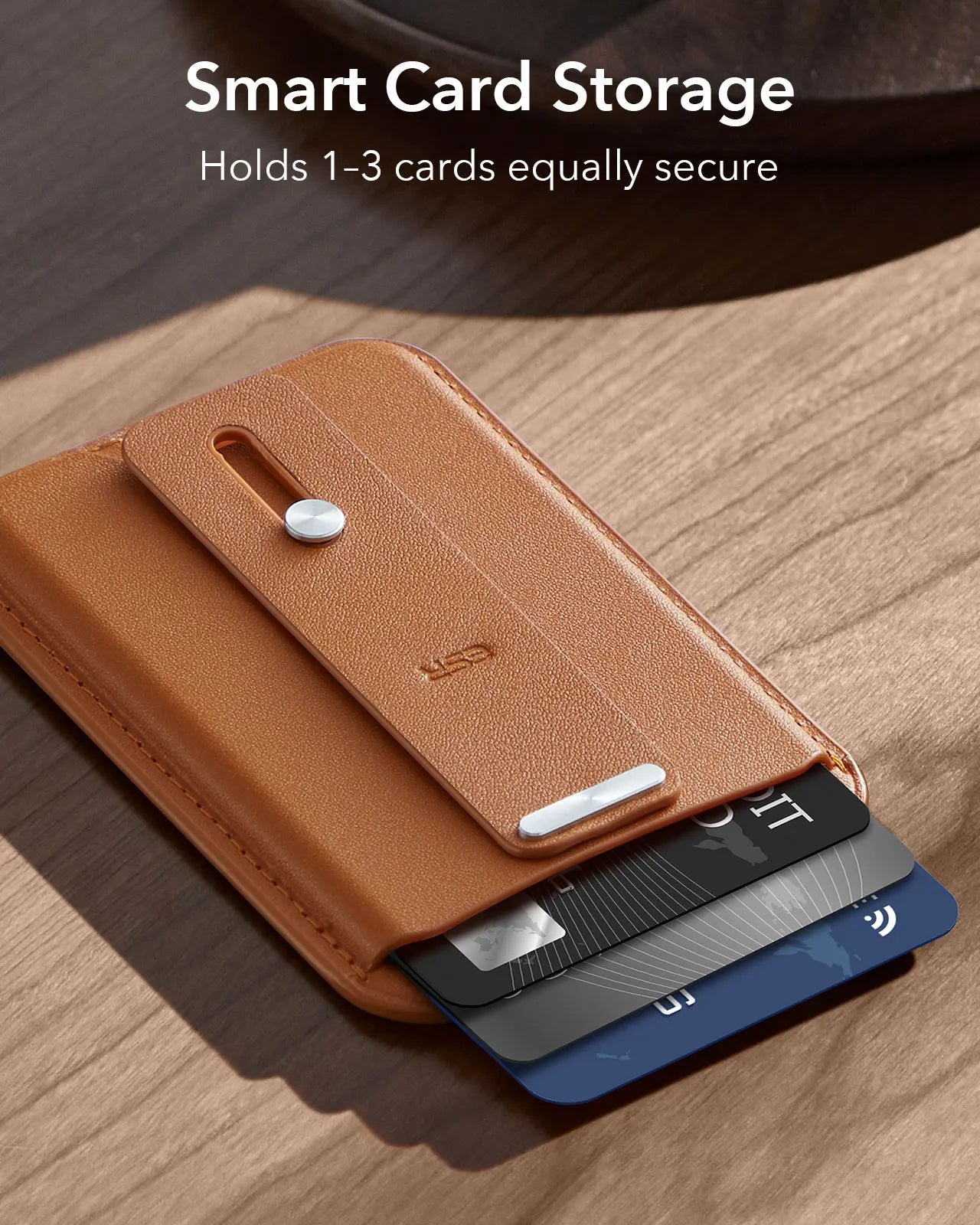 Brown card storage wallet case with magnetic card flap and three card slots