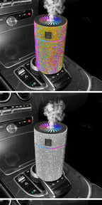 Diamond Glow car aroma diffuser in rainbow glitter, top light fan with smoke