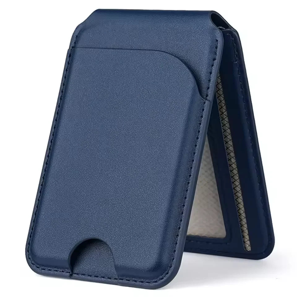 2-in-1 MagSafe wallet stand in midnight blue, textured leather with card holder window