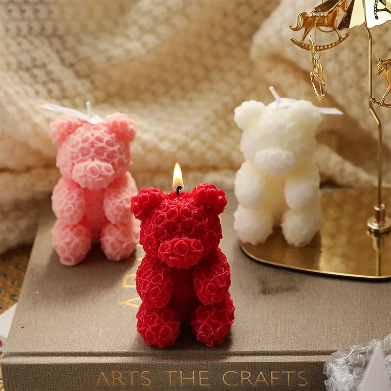 Rose bear scented candle set: red, pink, and ivory bear candles with wicks