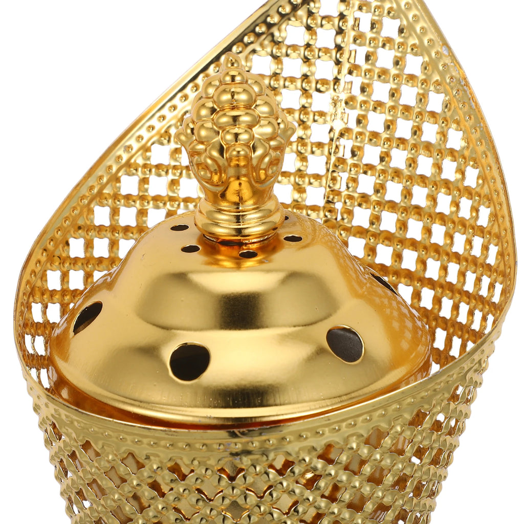 Gold mabkhara lid and stem detail with perforated lattice shade