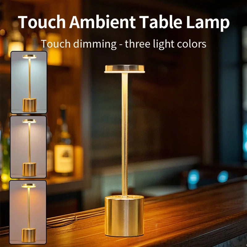 Classic stepless dimming table lamp in gold finish with glowing top and slim stand