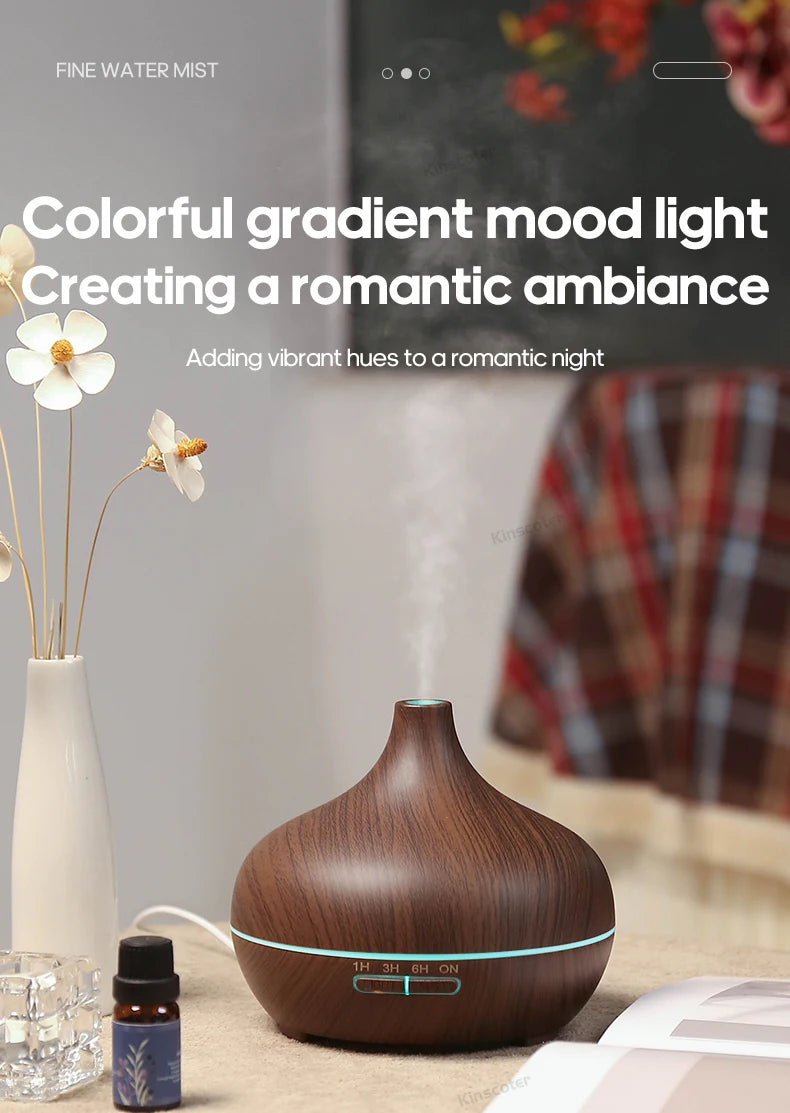 Dark wood grain 300ml aroma diffuser with glowing light strip on front