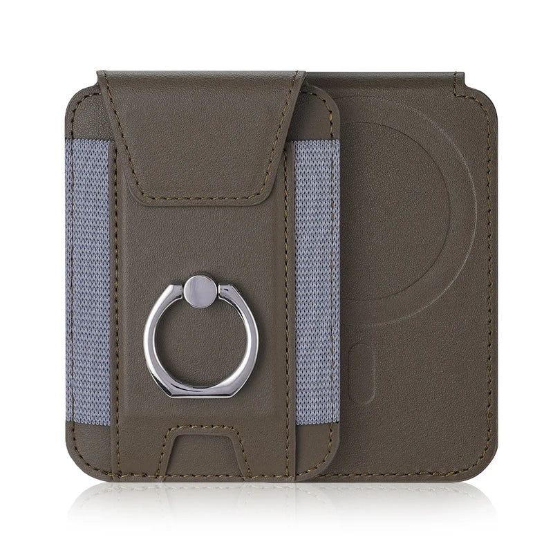 The Eclipse magnetic card wallet in khaki with ring holder and card slot elastic strap.