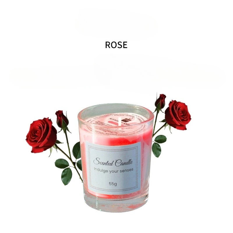Rose scented candle in clear glass with rose flowers, 55g label.