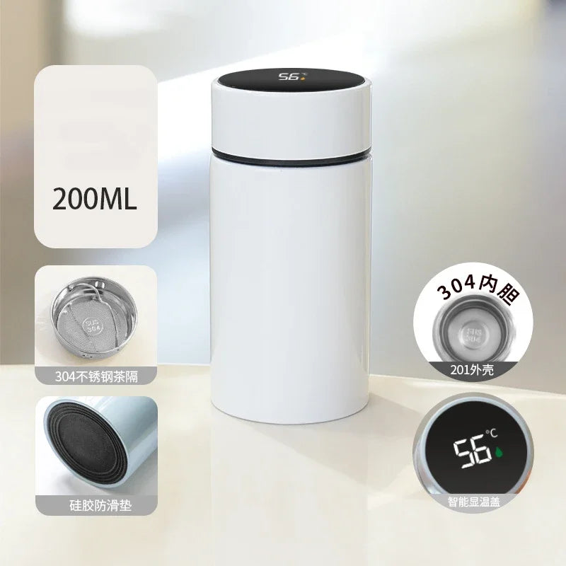 200ml compact smart thermos, white body with digital temperature display on lid.