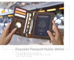 Hands holding brown leather passport wallet open, showing passport window and card slots