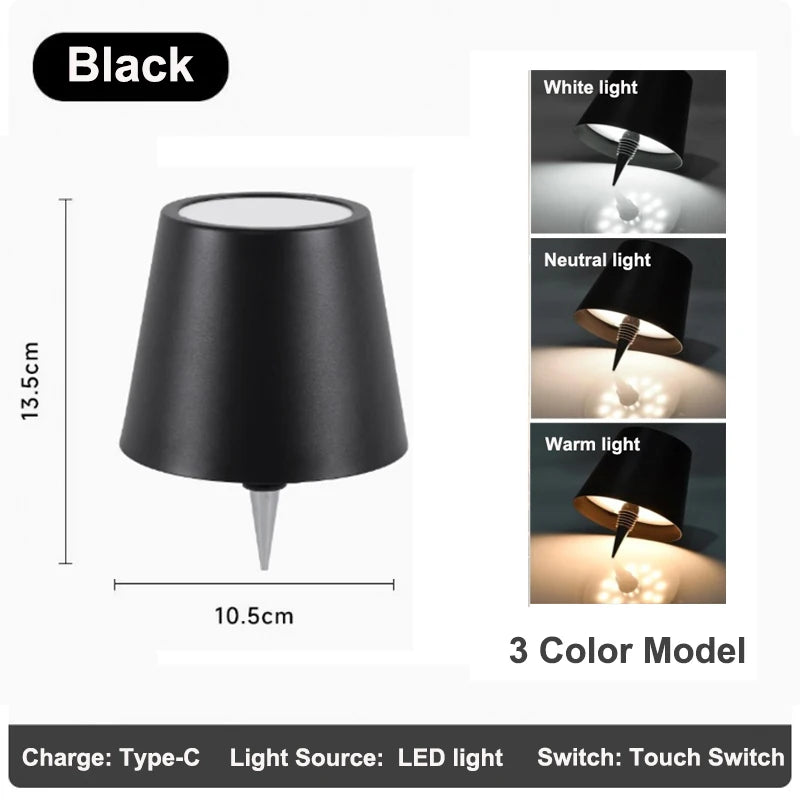 Black outdoor LED bottle lamp with tapered shade and built-in tip light