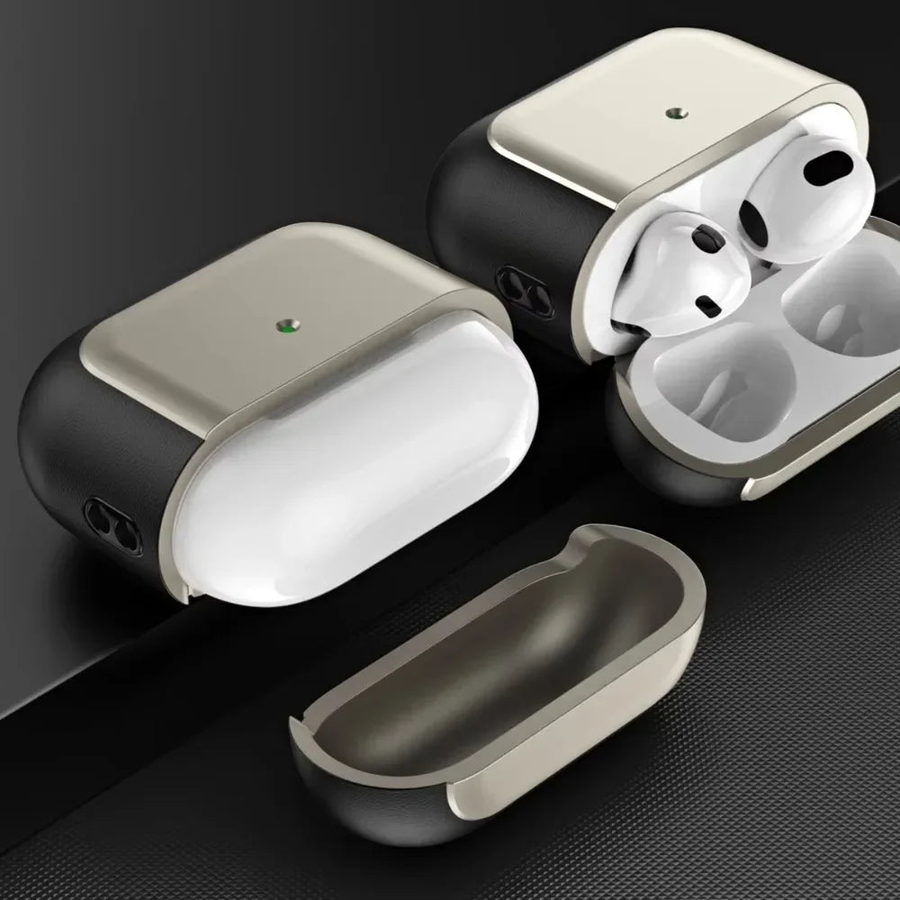 Two plated lanyard AirPods cases shown: light and dark tones with open lid