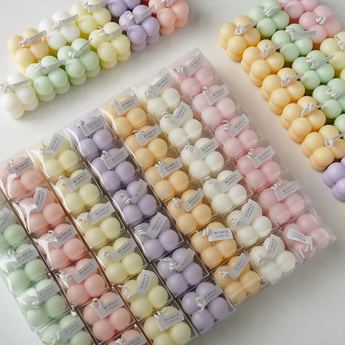 Pastel bubble candle set in display box, sculpted sphere clusters in multiple colors