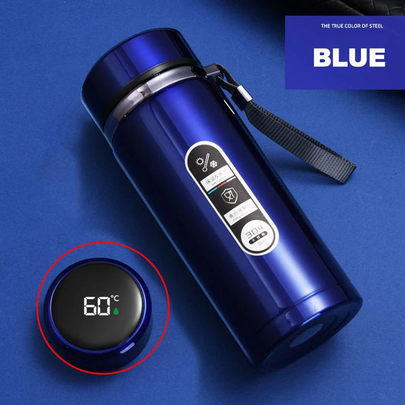 Blue LED thermos flask with 60°C digital display and carry strap