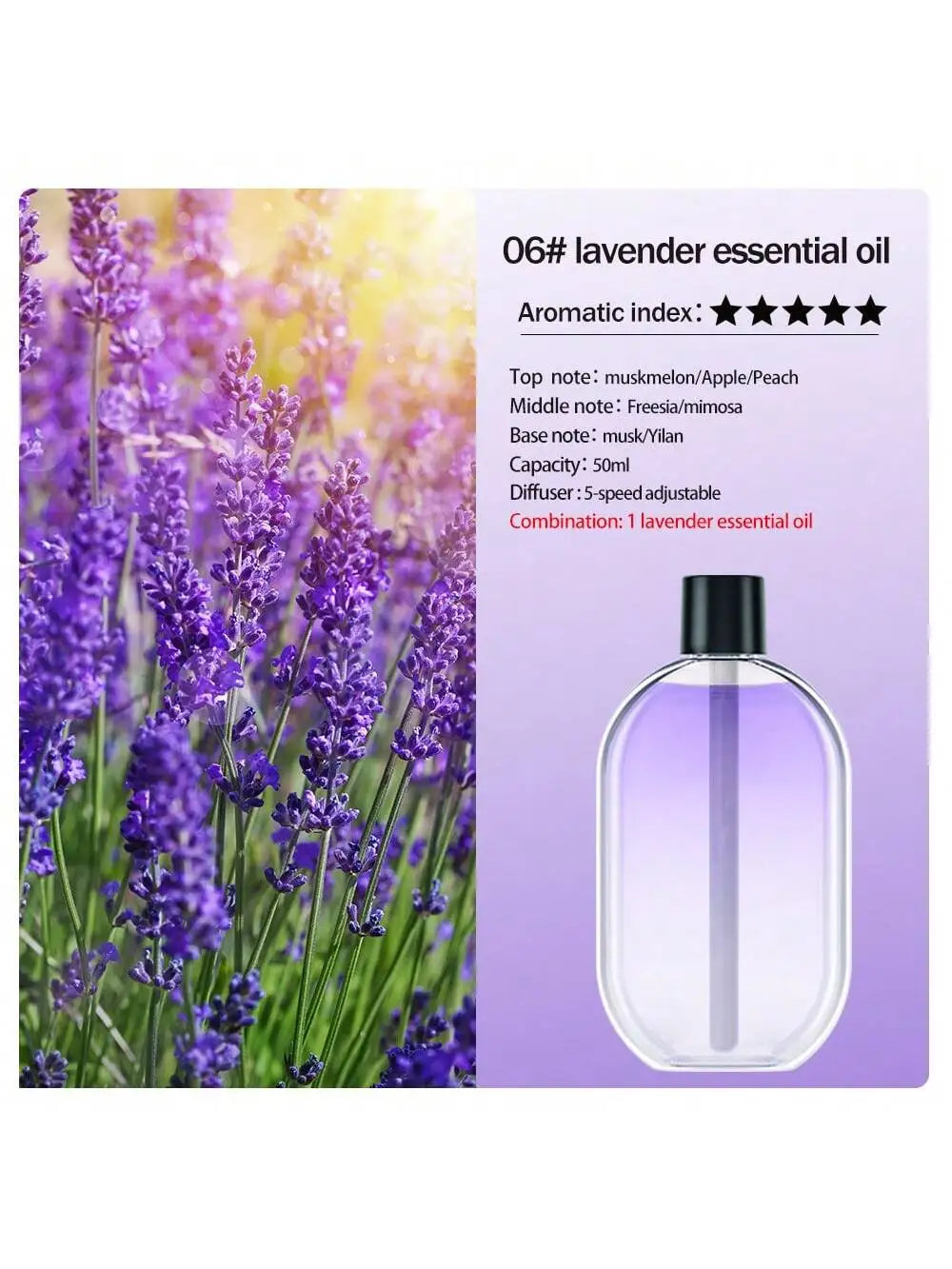 Lavender essential oil refill bottle (06#) for portable aroma diffuser; purple bottle, 50ml