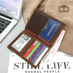 Cognac brown document wallet open with card slots and passport-style card compartments.