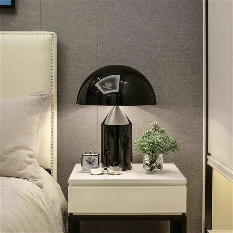 Nordic mushroom LED table lamp with black dome shade and glossy black cylindrical base