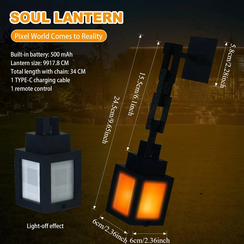 Black pixel lantern night light with warm orange glow and size measurement graphics