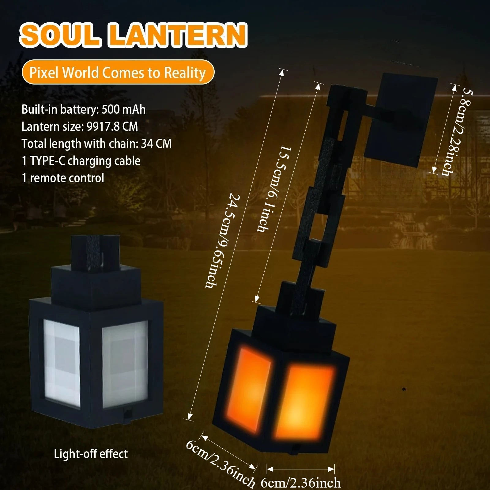 Black pixel lantern night light with warm orange glow and size measurement graphics